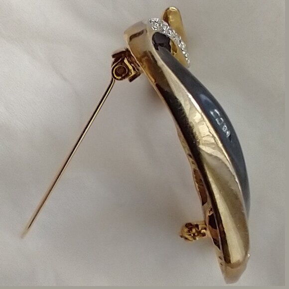 Black Swan Brooch Goldtone Retro 80s Resin Enamel Pavé Rhinestones - Picture 4 of 10